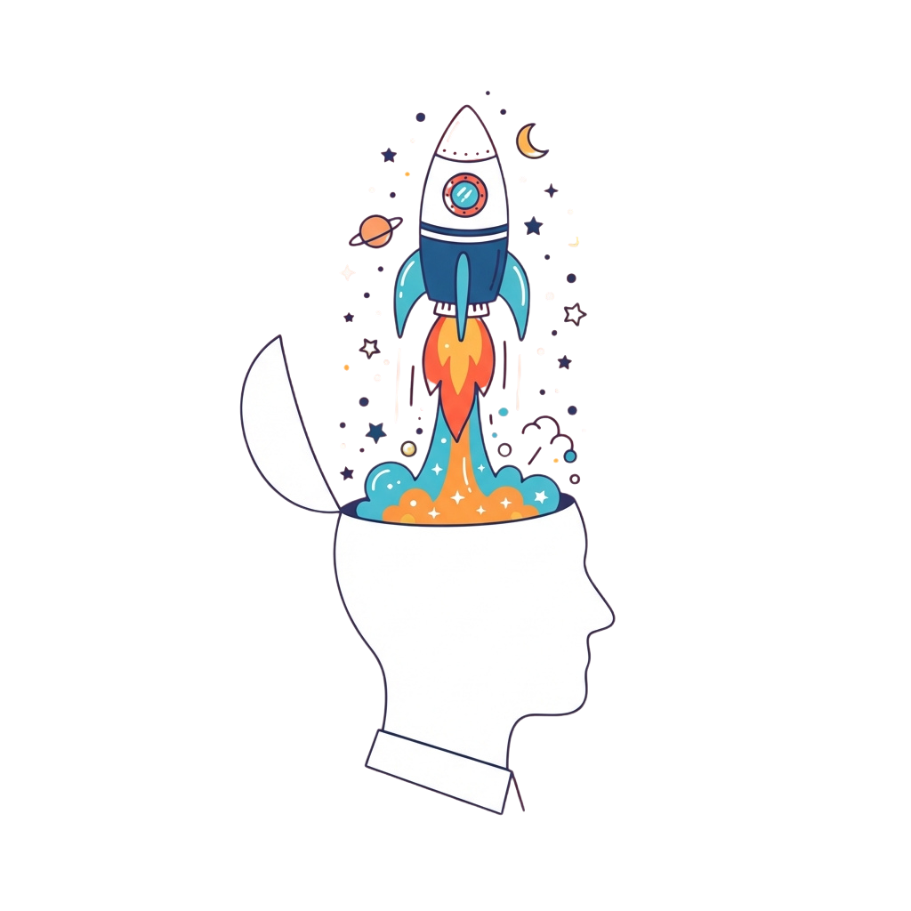A white silhouette of a human head with a rocket launching from the brain, surrounded by stars and planets.