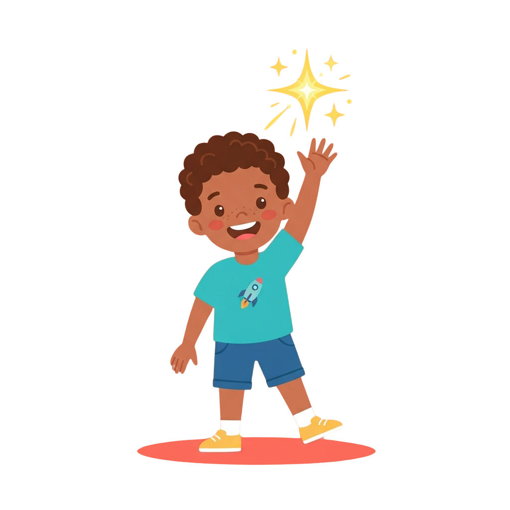 A smiling child waving one hand with a sparkle effect above their head