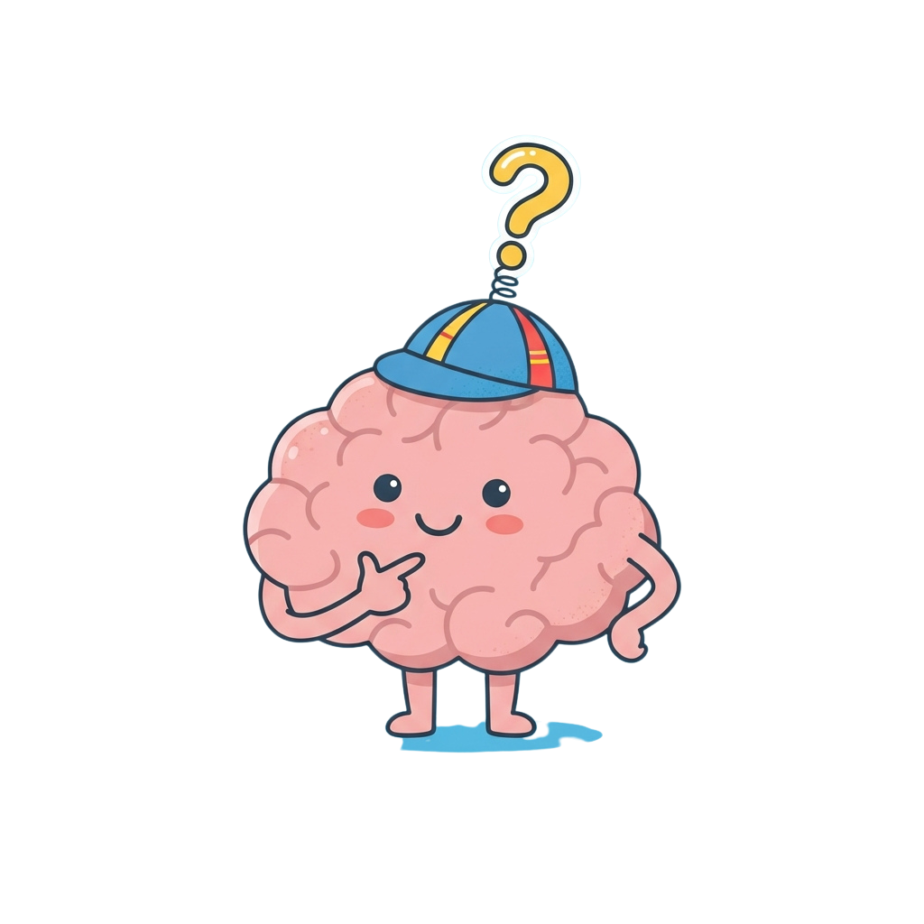 A smiling cartoon brain wearing a colorful cap with a question mark on top