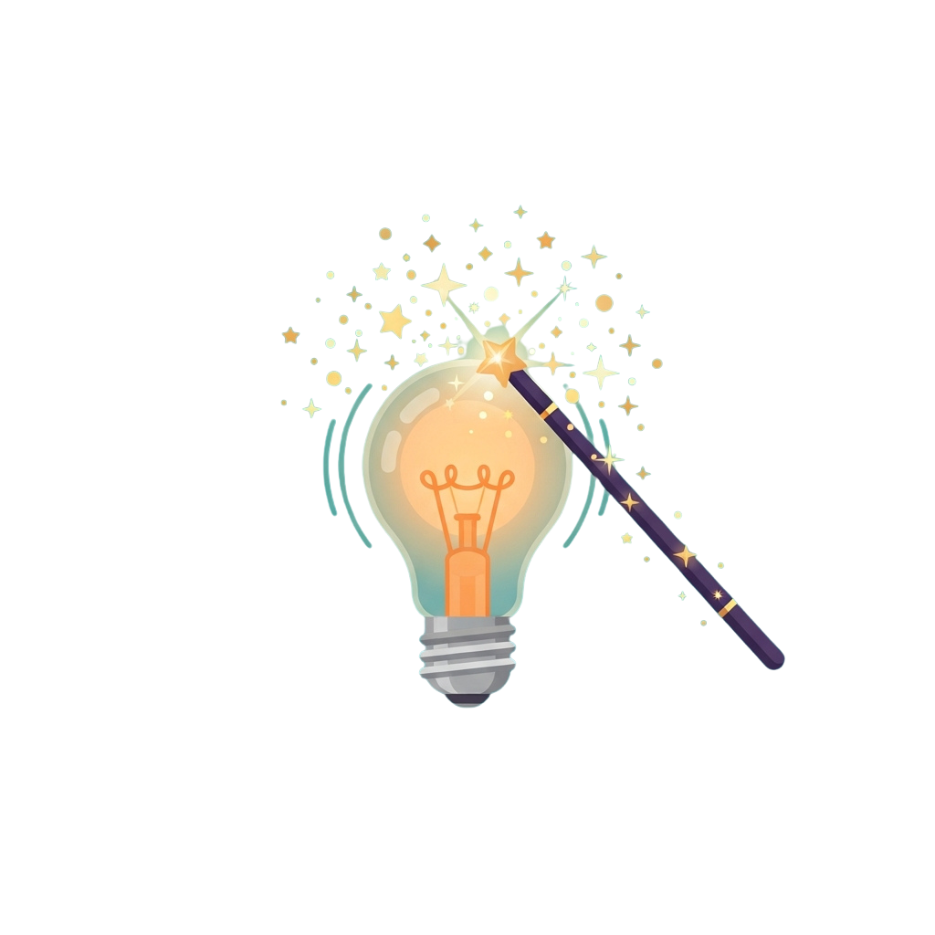A glowing light bulb illuminated by a magic wand producing bright sparks and stars against a dark background