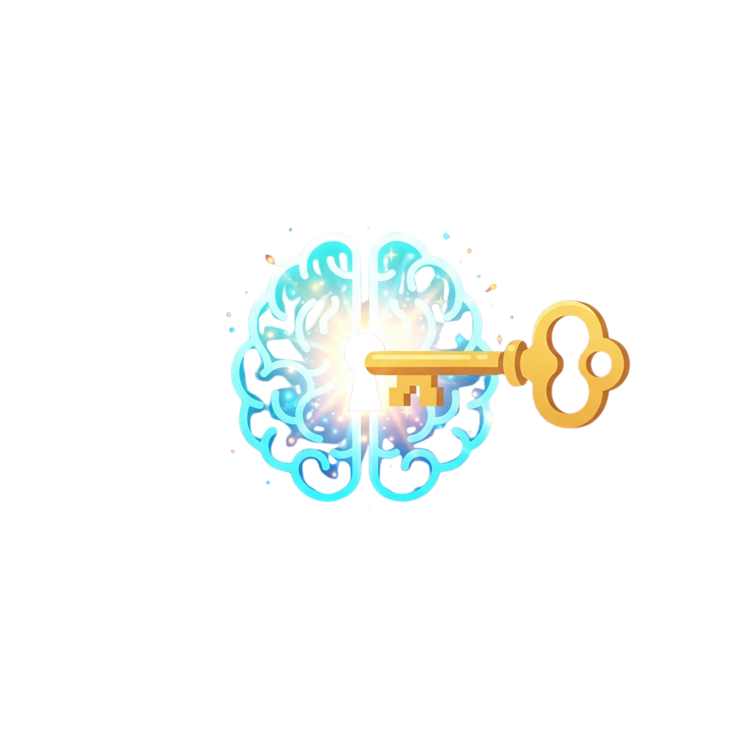 A glowing brain graphic with a golden key inserted into it, symbolizing unlocking mental potential or knowledge.