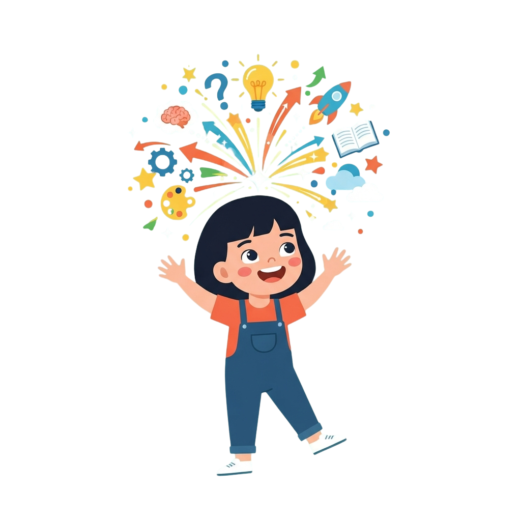 A child with arms raised, surrounded by colorful icons representing creativity, learning, and imagination like lightbulbs, books, and rockets.