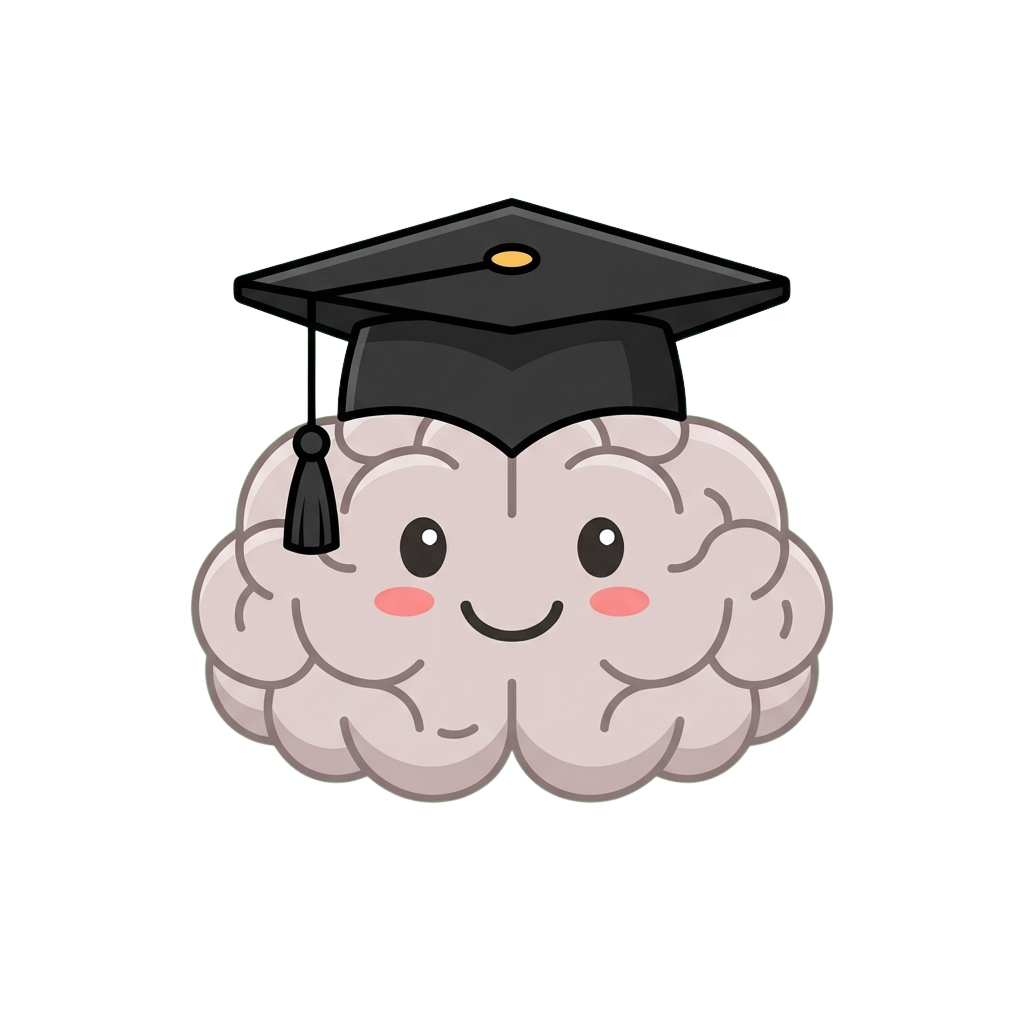 A smiling cartoon brain wearing a graduation cap and tassel