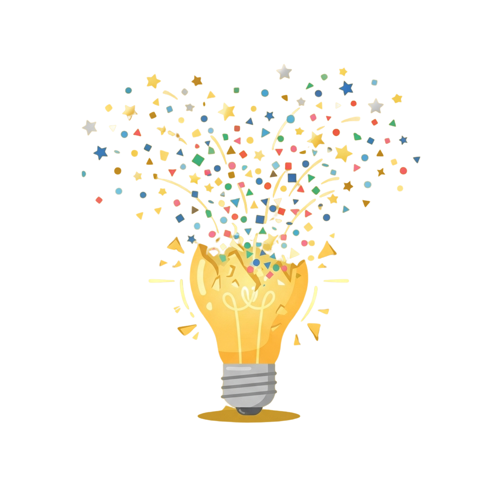 A glowing lightbulb with sparks and colorful geometric shapes bursting out of it