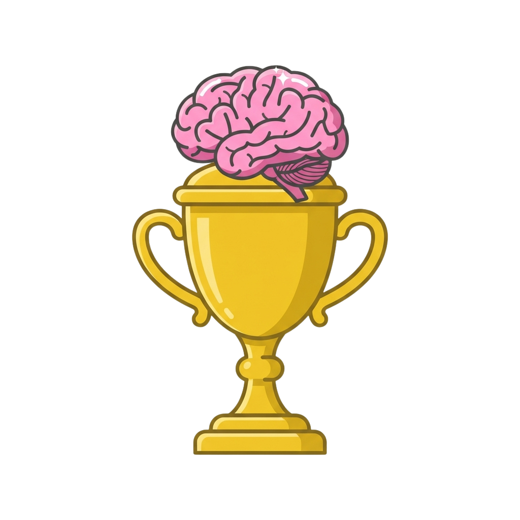A golden trophy with a pink brain on top, symbolizing achievement or intelligence