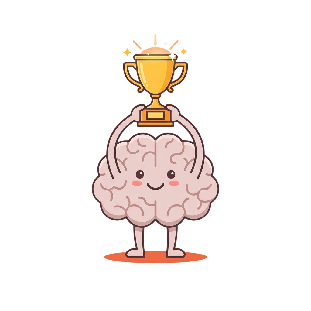 A smiling cartoon brain holding a golden trophy above its head on a black background