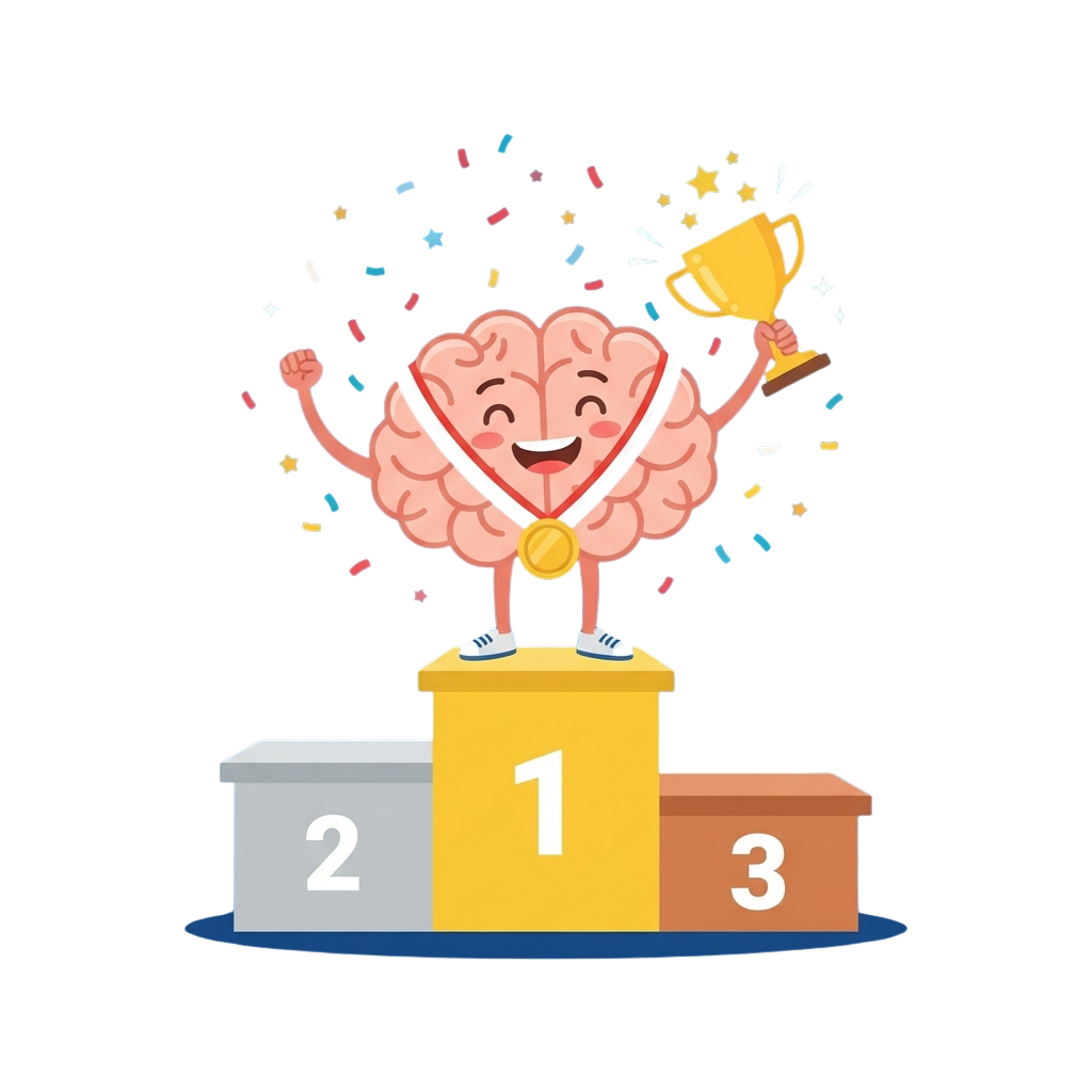 A smiling cartoon brain standing on a first-place podium holding a trophy with confetti around it