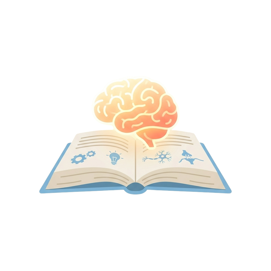 Illustration of a brain resting on an open book with icons representing learning and cognition