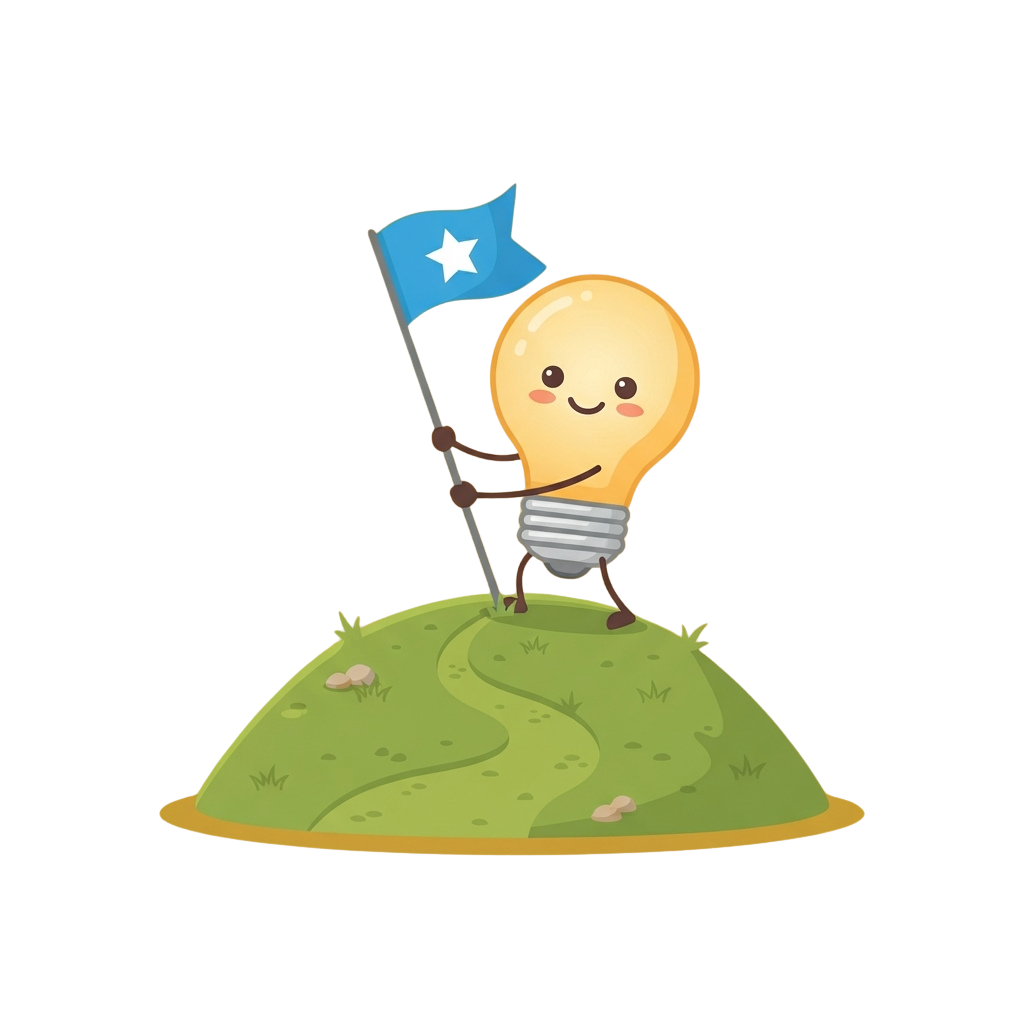 A smiling lightbulb character standing on a green hilltop waving a blue flag with a white star