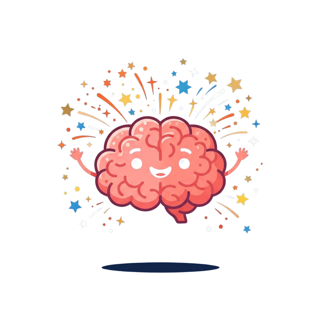 A smiling cartoon brain with arms raised, surrounded by colorful fireworks and stars on a black background