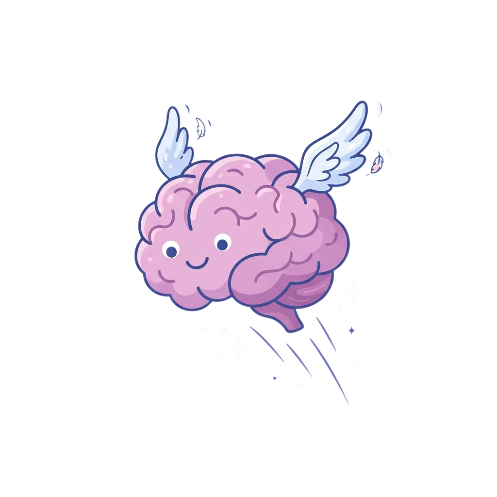 A smiling brain with wings floating against a dark background