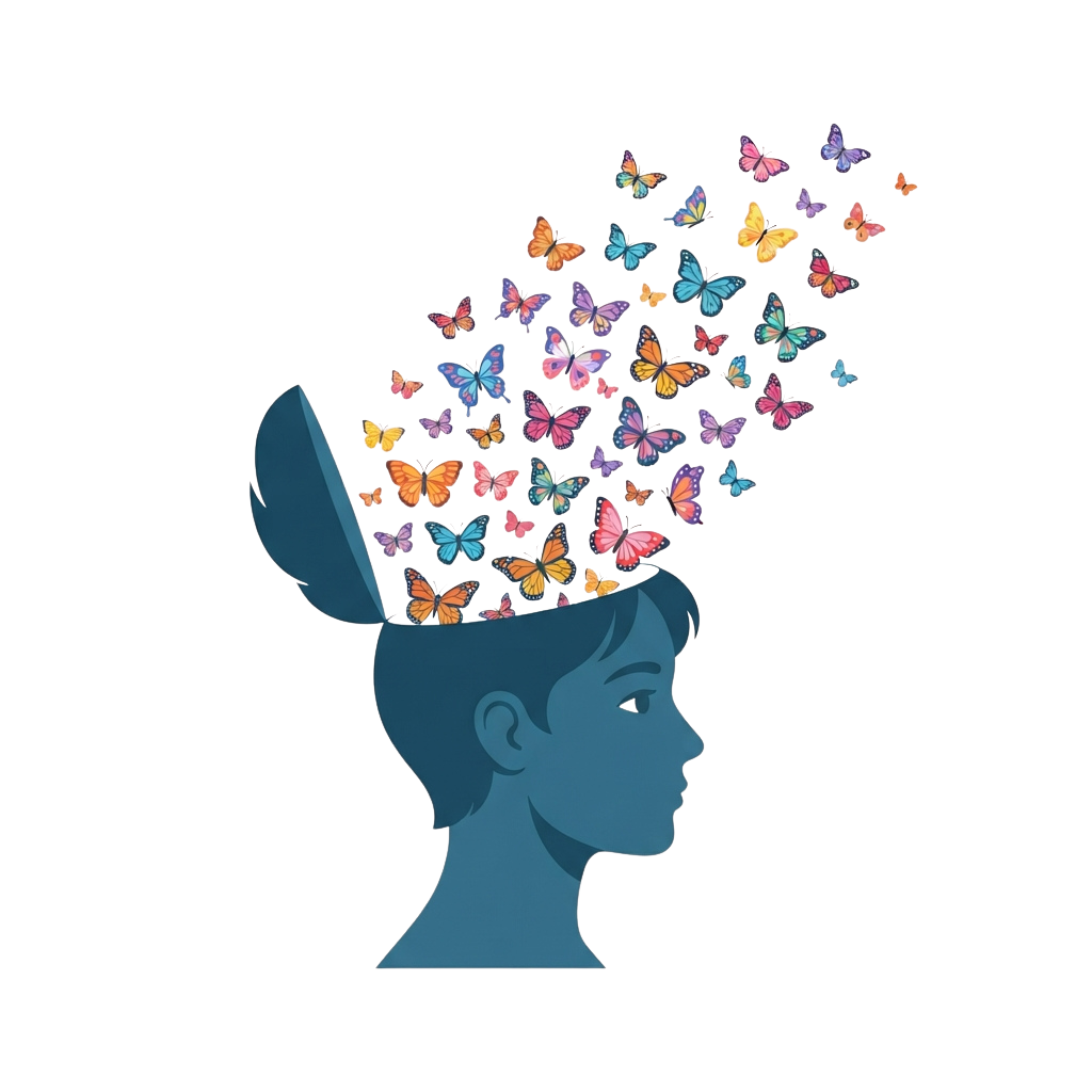 A silhouette of a head with colorful butterflies emerging from the top, symbolizing creativity and ideas.