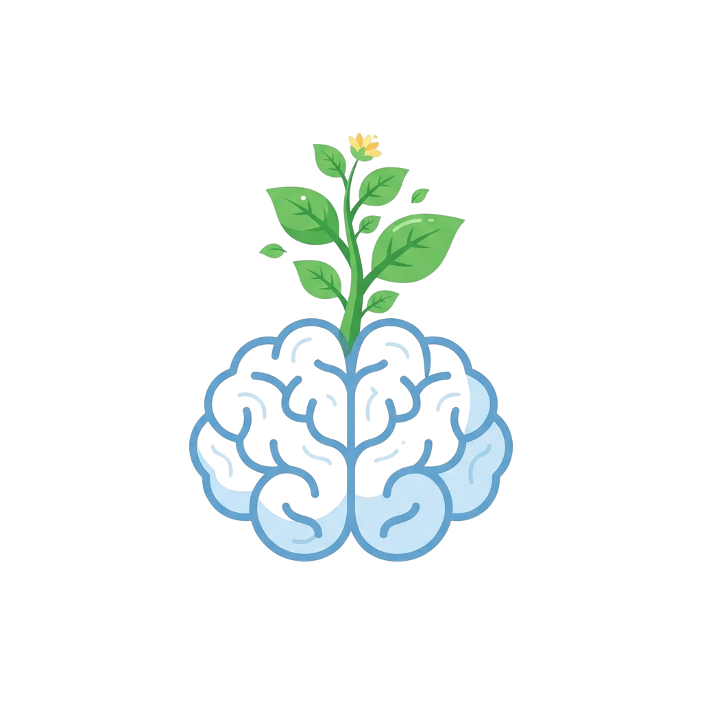 A brain with two hemispheres split open, with a green plant sprouting from the center.