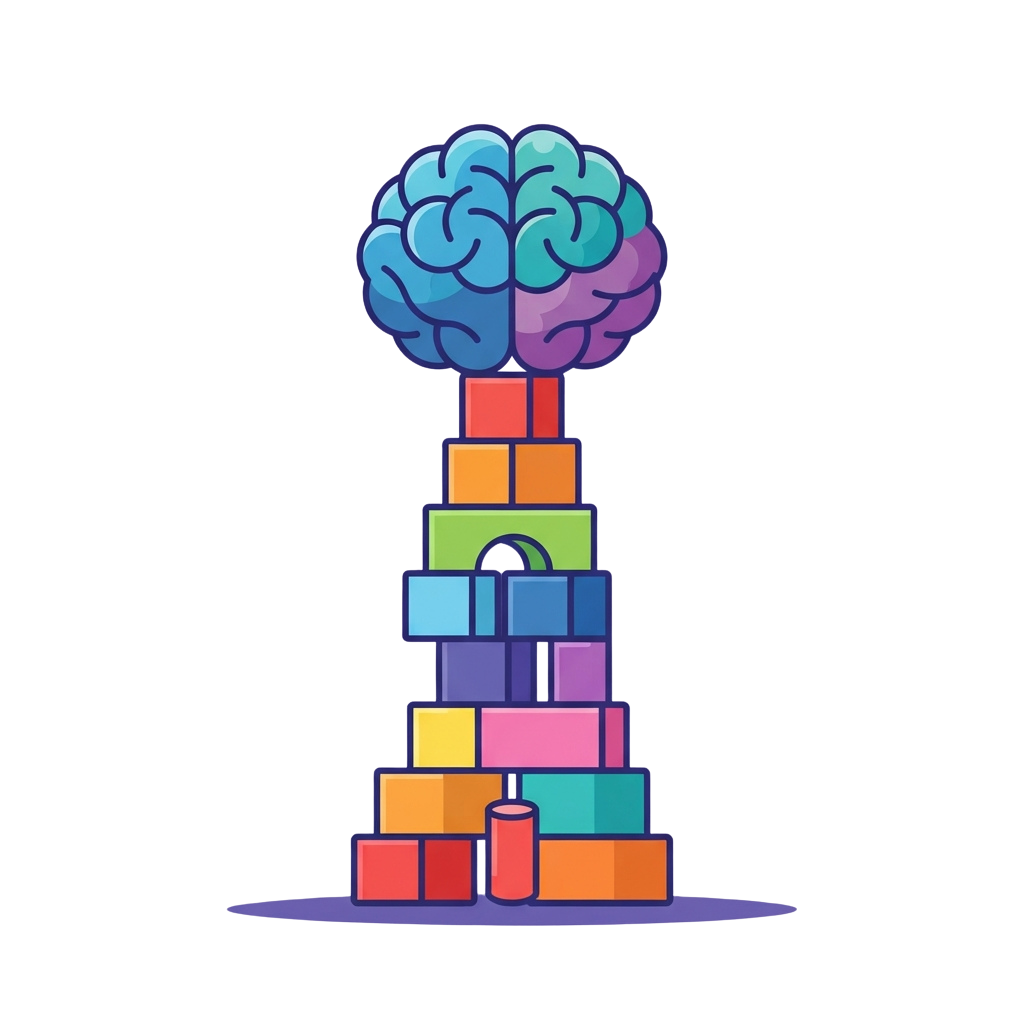 A brain illustration atop a stack of colorful blocks symbolizing learning or cognitive growth