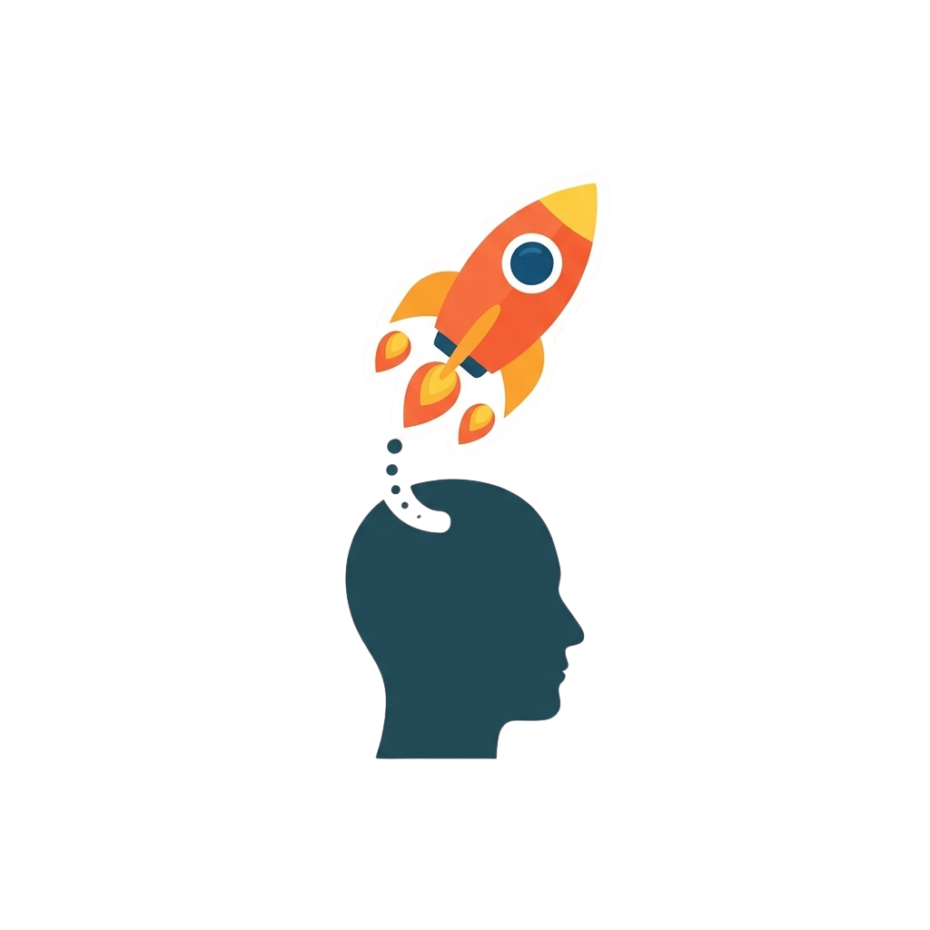 A silhouette of a head with a colorful rocket launching from the top