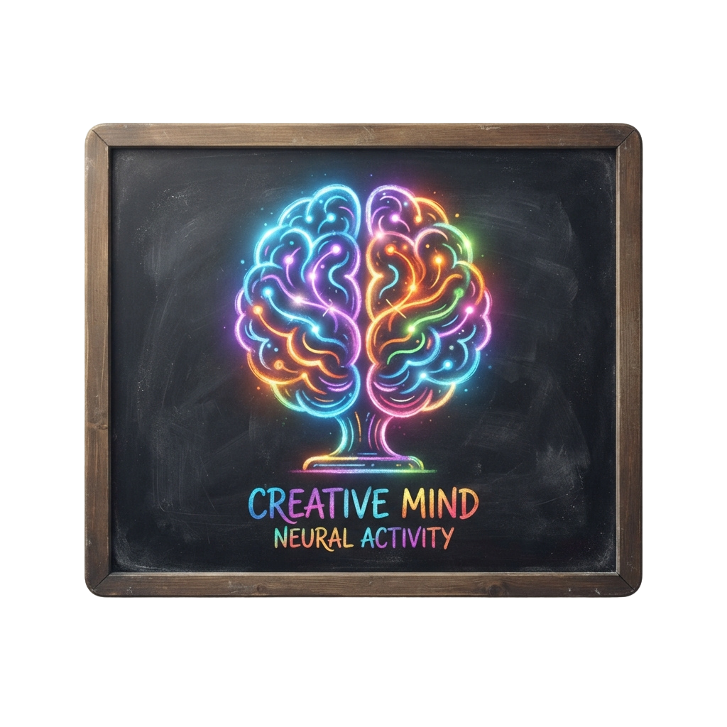 Illustration of a glowing brain resembling a tree on a chalkboard with text creative mind and neural activity