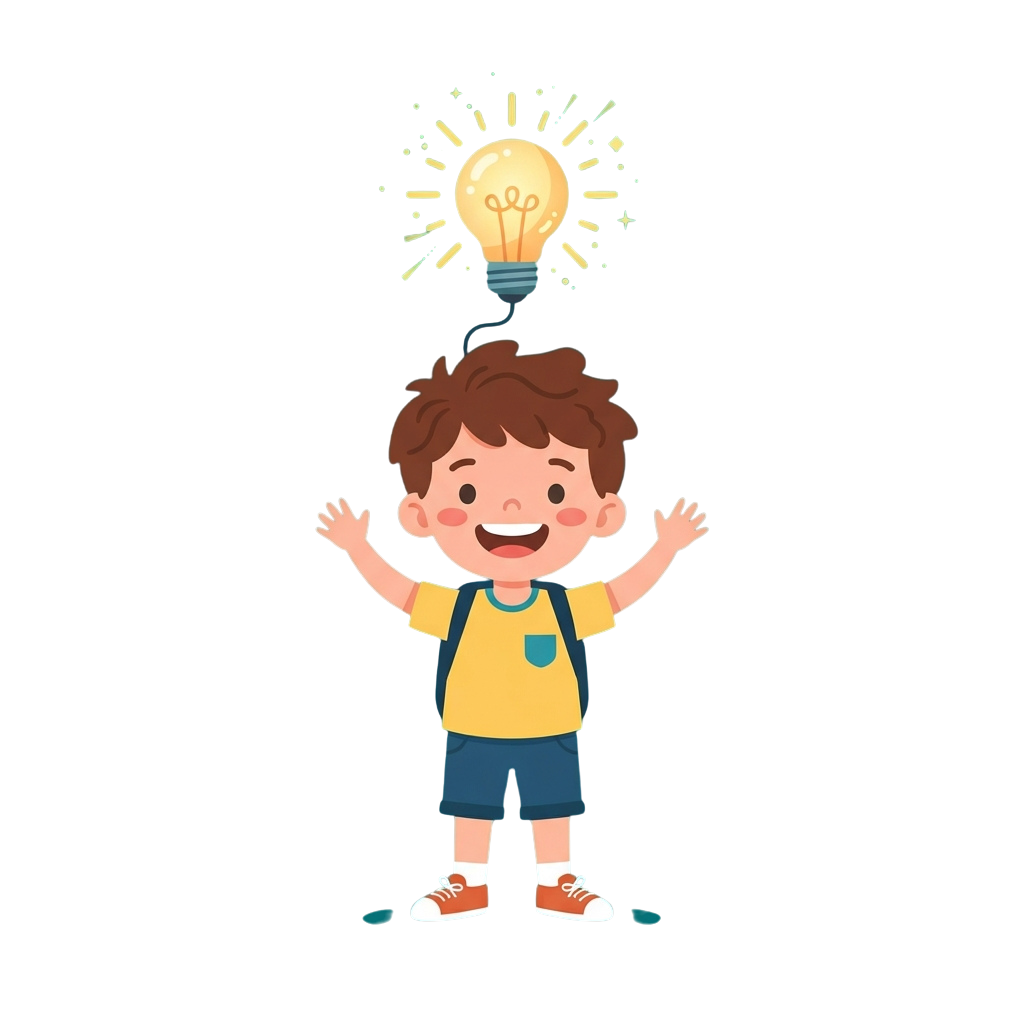 Smiling child standing with arms outstretched, a glowing lightbulb above their head