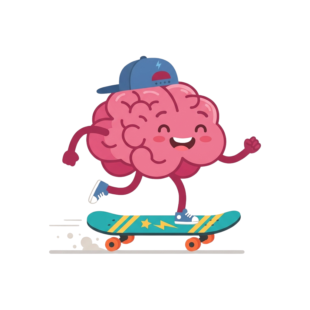 A smiling brain wearing a cap skateboarding on a colorful skateboard with stars and lightning bolts.
