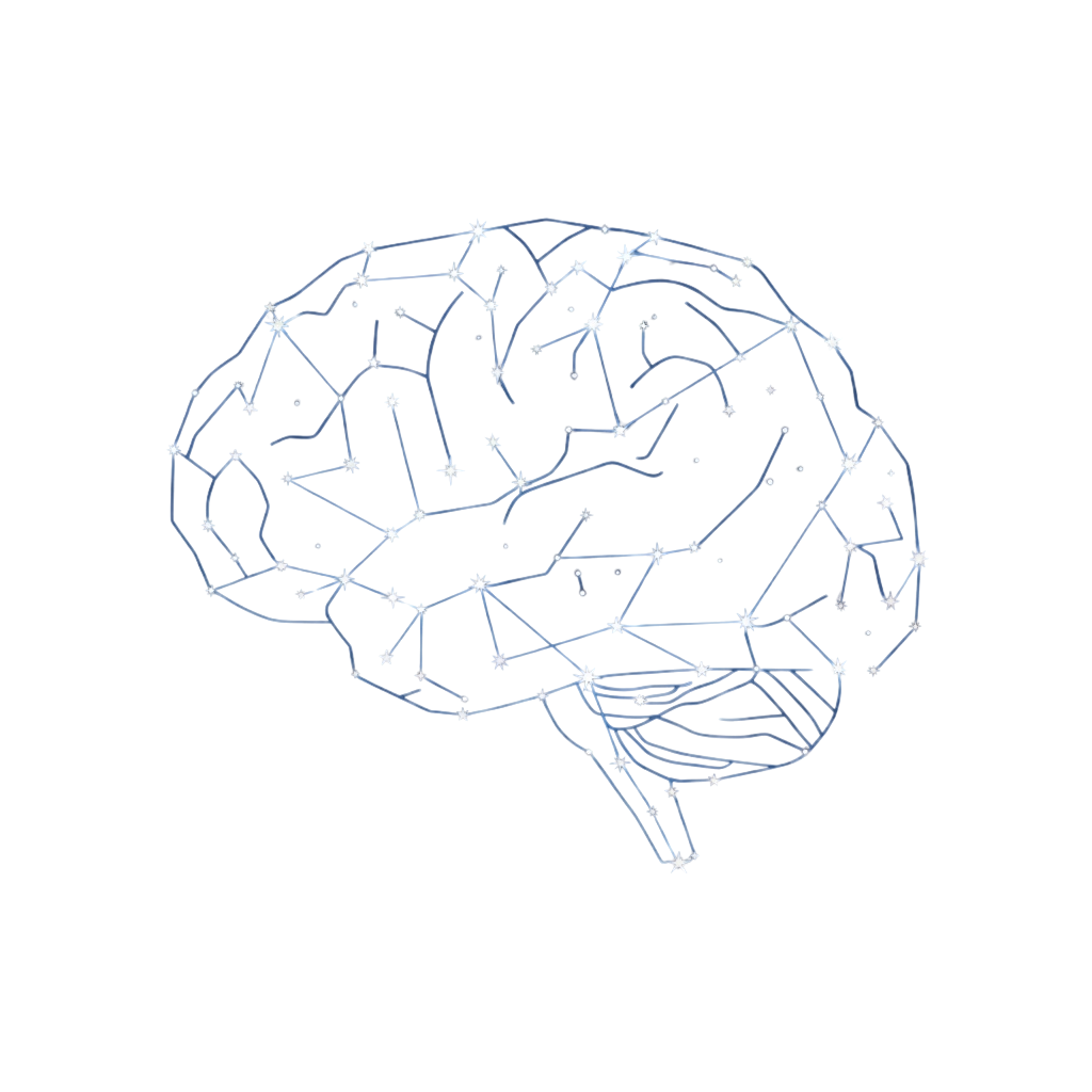Illustration of a brain with highlighted neural pathways and star markers