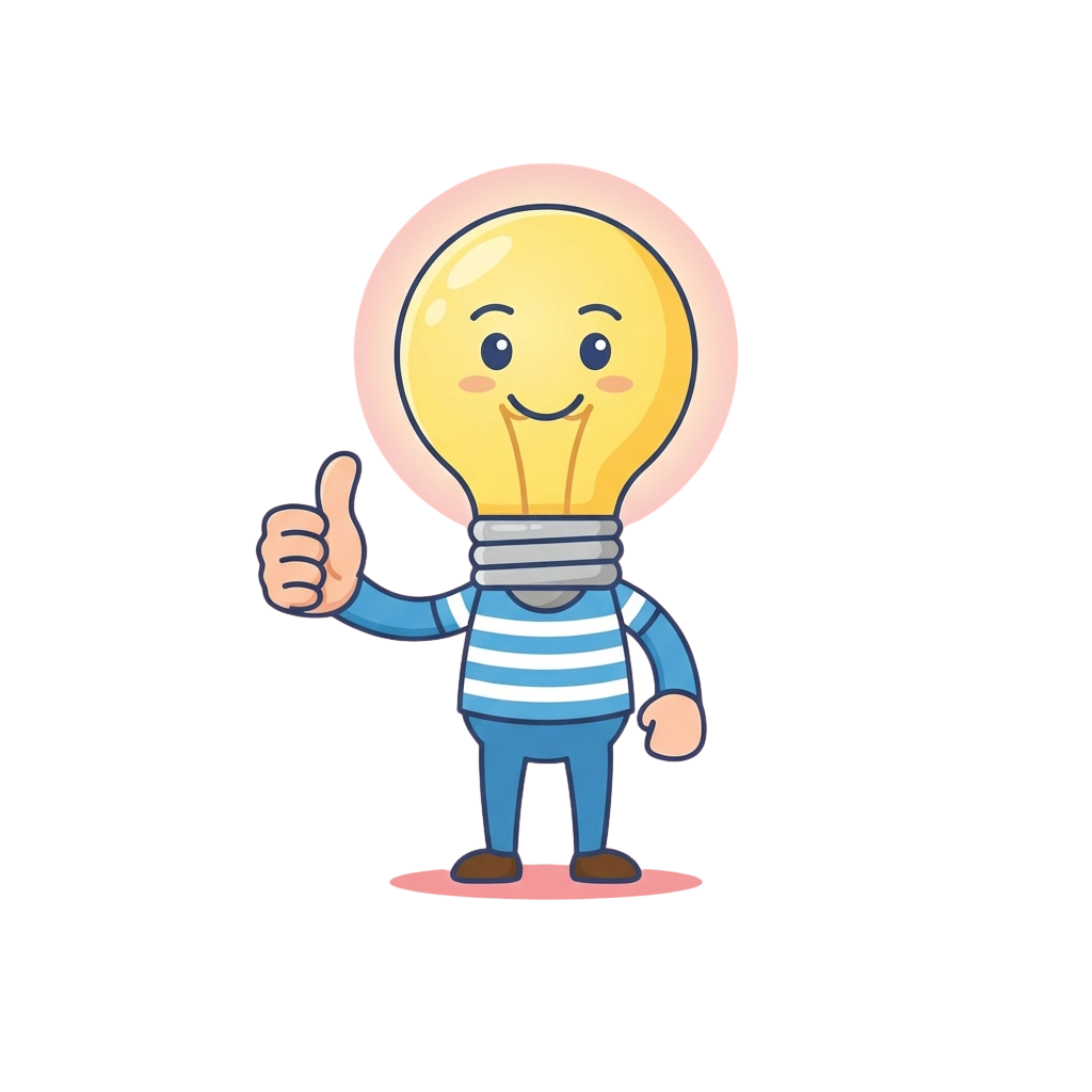 A cheerful lightbulb character with a smiley face giving a thumbs-up in a striped shirt and pants