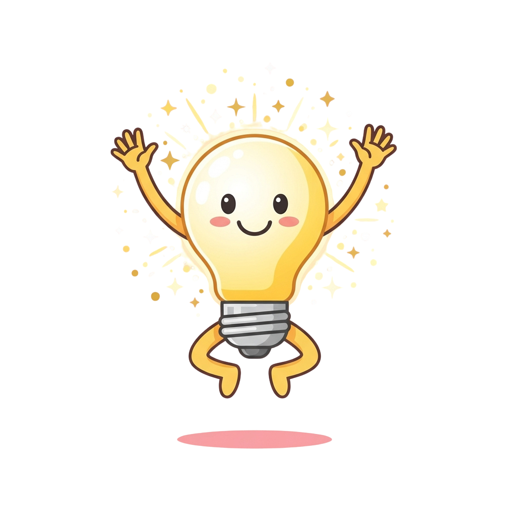 A cheerful animated lightbulb character raising arms with sparkles around it