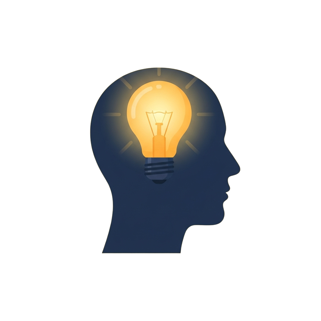 A silhouette of a human head with a glowing lightbulb inside representing an idea or creativity