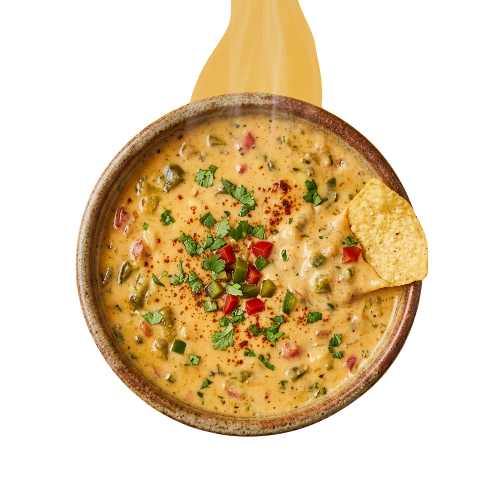 Bowl of creamy chili cheese dip garnished with chopped green onions, cilantro, and red peppers with a tortilla chip on the side