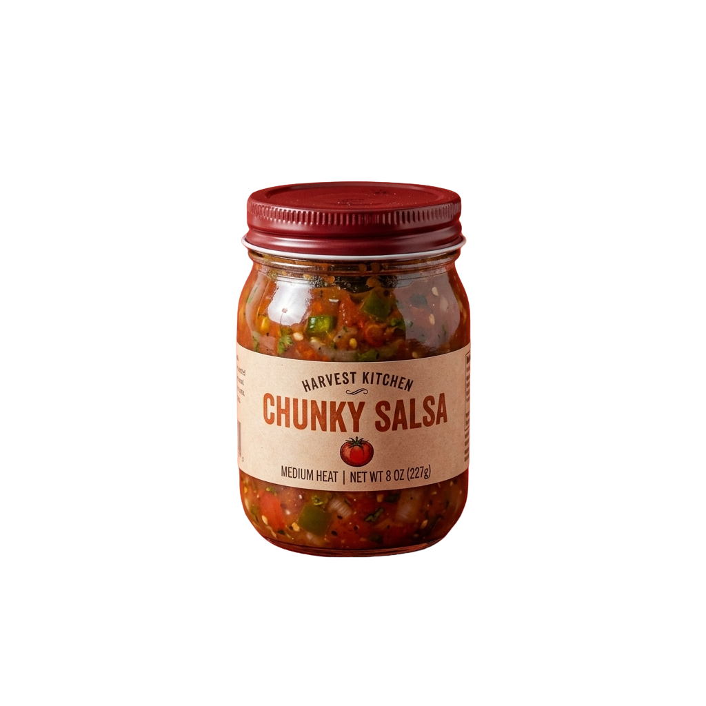A glass jar of chunky salsa with a red lid and label reading Harvest Kitchen Chunky Salsa Medium Heat