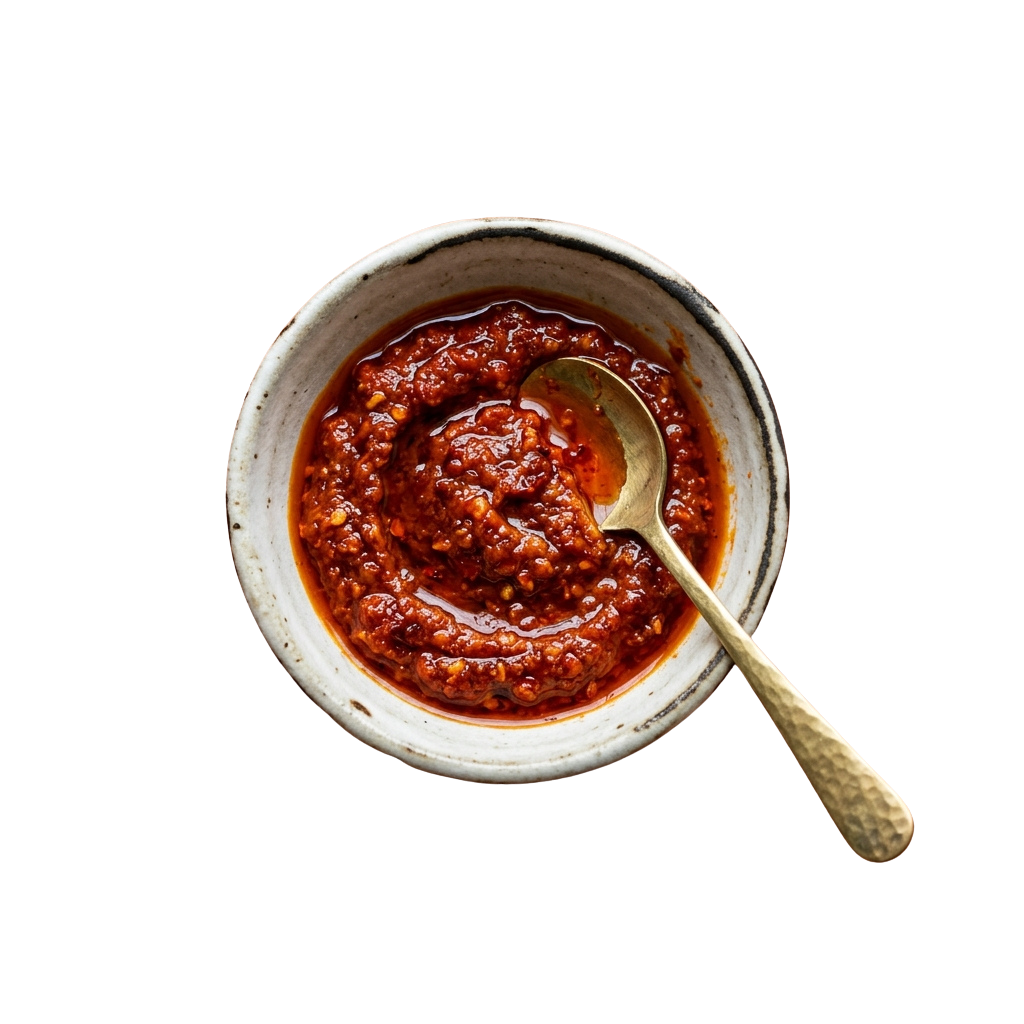 A ceramic bowl filled with thick red chili paste and a wooden spoon inside.