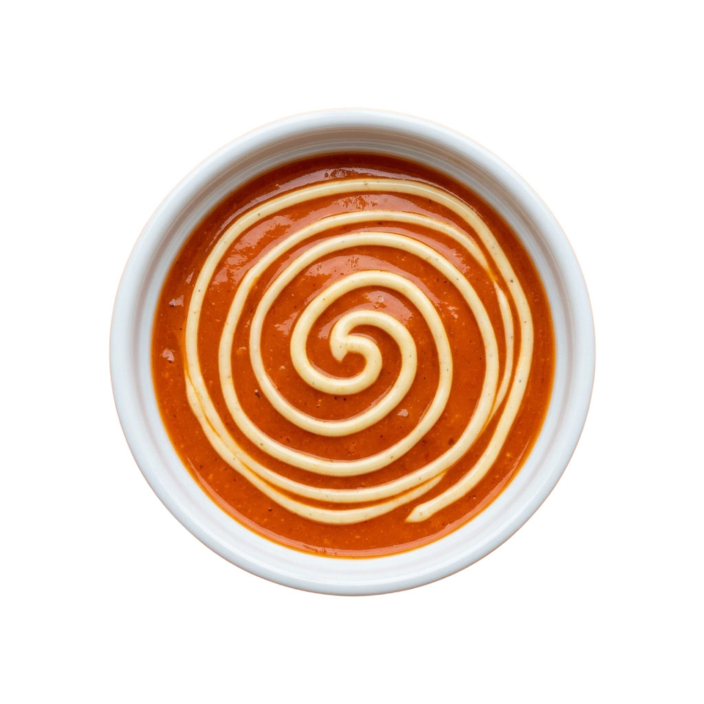 A white bowl containing a creamy orange sauce with a spiral swirl pattern.