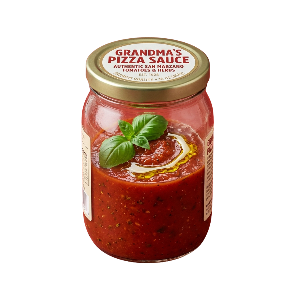 Glass jar of tomato pizza sauce topped with a basil leaf and cheese swirl