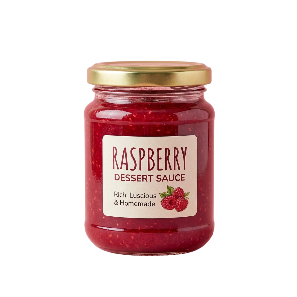 Jar of raspberry dessert sauce with a gold lid and white label showing raspberries and text.