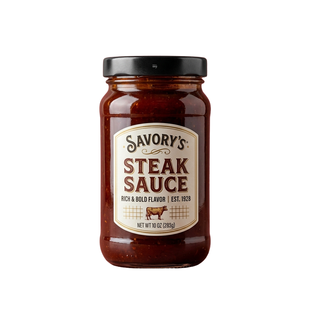 A jar of steak sauce labeled Savory’s Steak Sauce with a rich and bold flavor, showing a cow illustration and net weight of 10 oz.