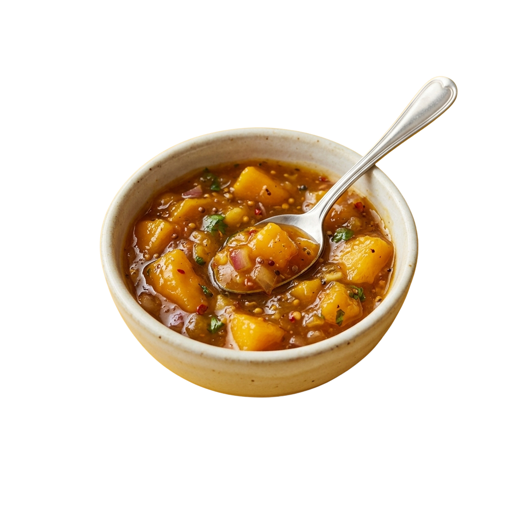 Ceramic bowl filled with creamy butternut squash soup garnished with herbs and a spoon inside