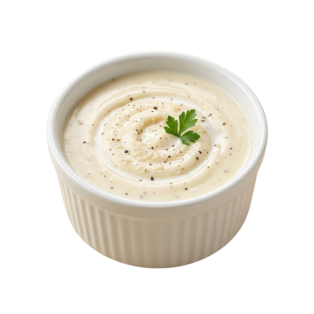 A white bowl filled with creamy dill dip garnished with a sprig of parsley