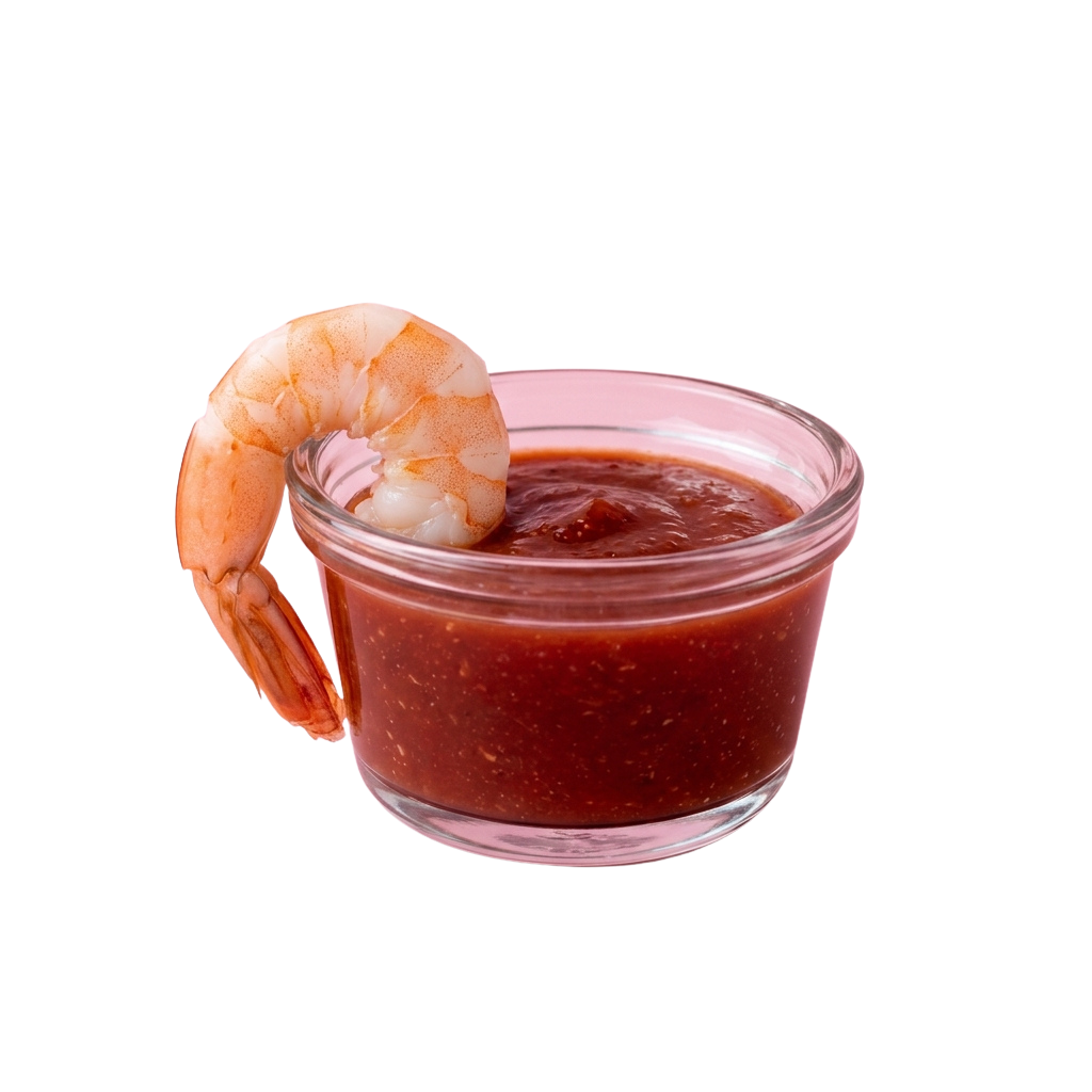 A glass jar of spicy tomato sauce with a cooked shrimp partially submerged in it