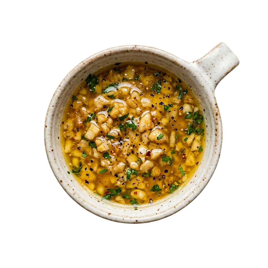 A ceramic bowl filled with creamy chickpea and corn soup garnished with herbs and black pepper