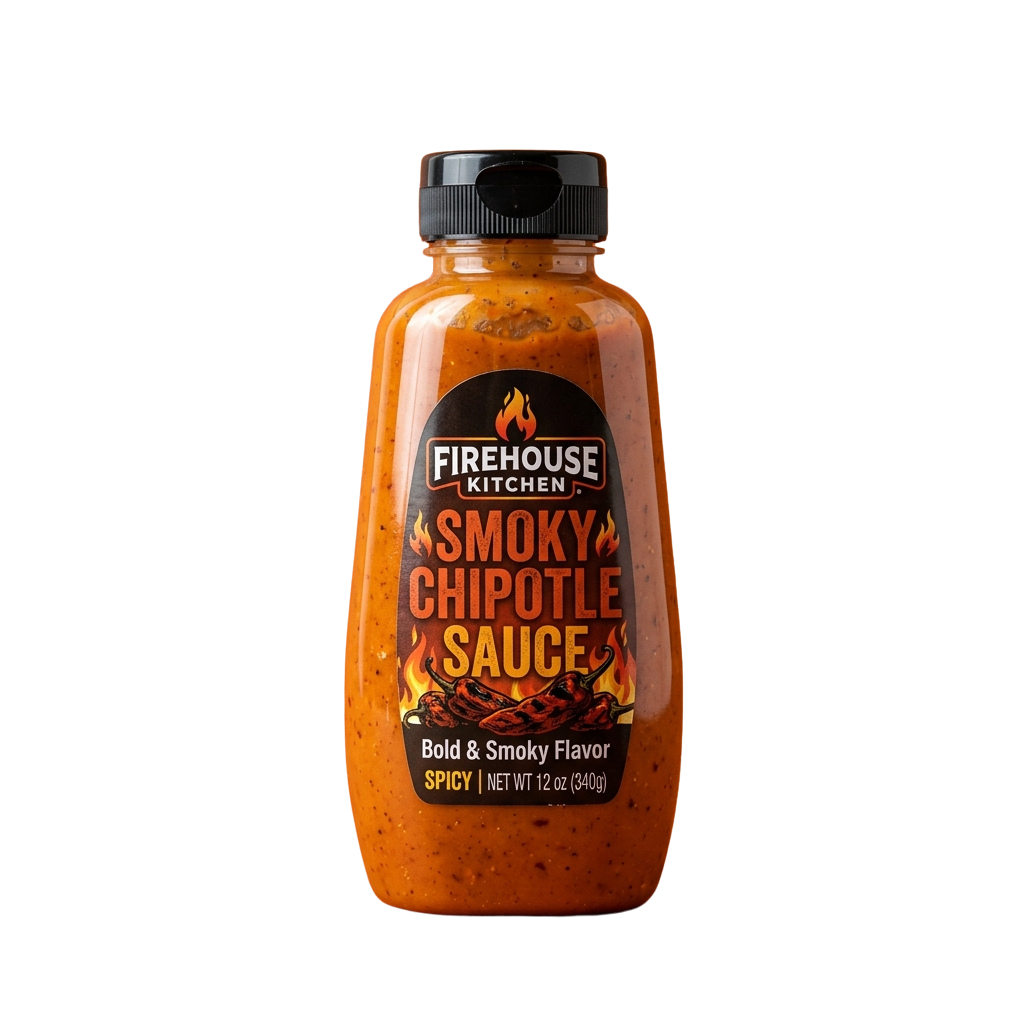 Bottle of smoky chipotle sauce with bold and spicy flavor label, black cap, and flame graphics