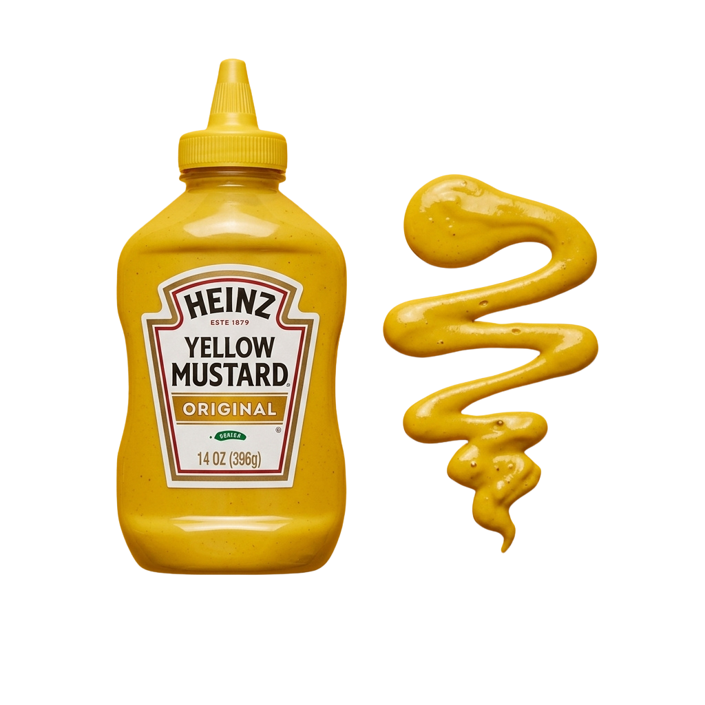 Yellow mustard bottle next to a swirl pattern of squeezed mustard on black background