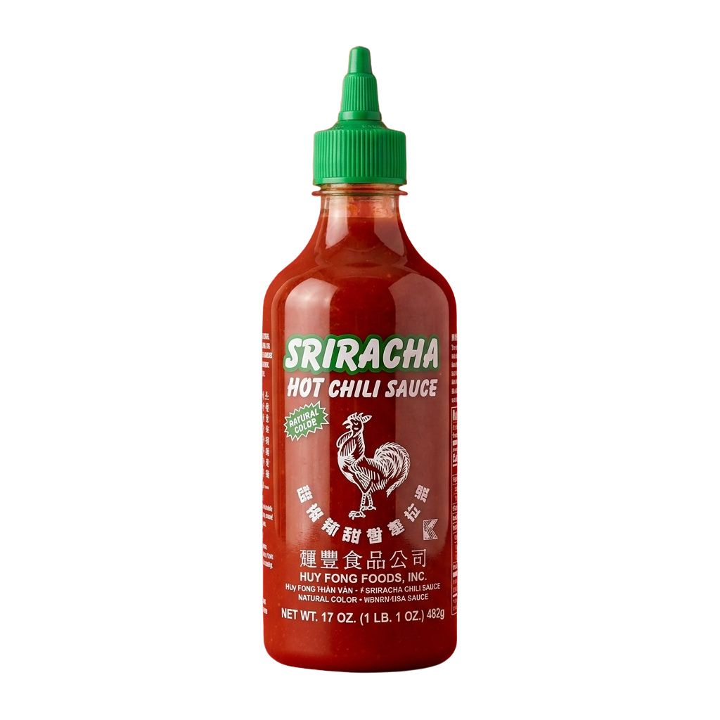 A bottle of red Sriracha hot chili sauce with a green cap and rooster logo on a black background