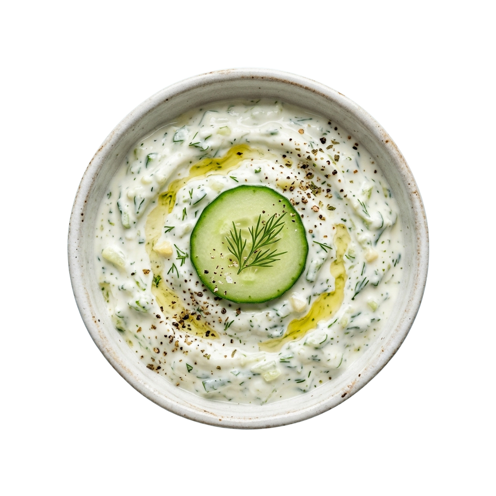 A white bowl filled with creamy dill sauce topped with a sliced cucumber and dill sprig