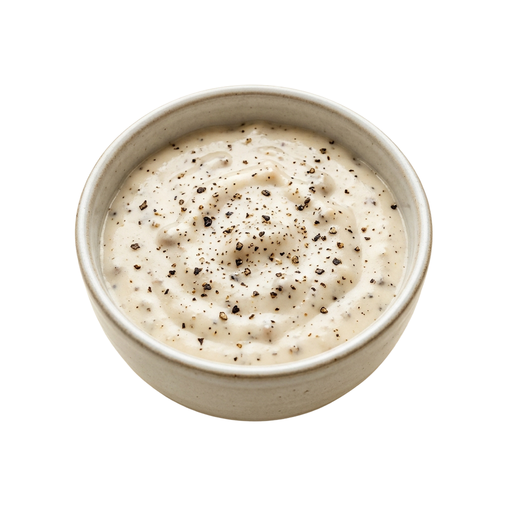 A ceramic cup filled with a frothy iced coffee drink topped with chocolate chips