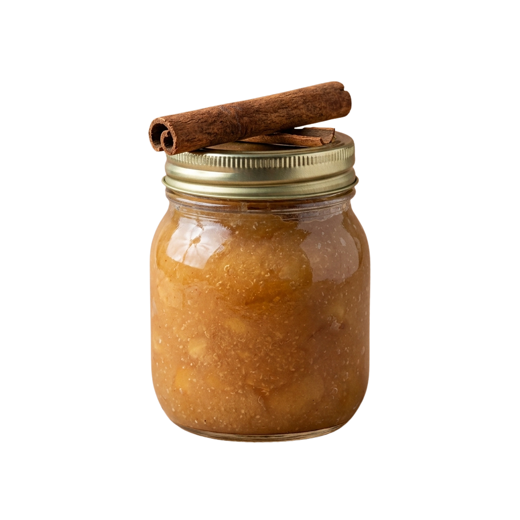 Glass jar filled with apple butter topped with a cinnamon stick and metal lid against a dark background