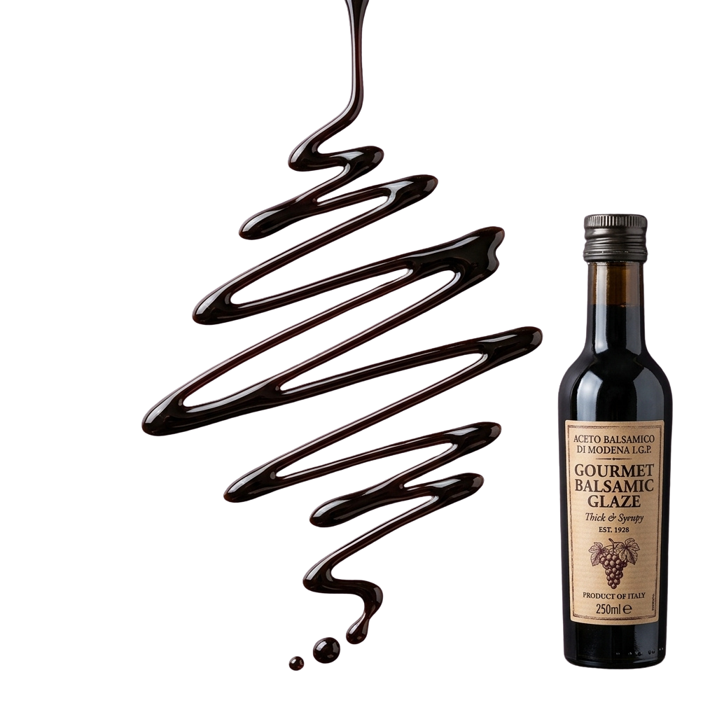 Bottle of balsamic glaze with thick syrup pouring in a spiral stream against black background