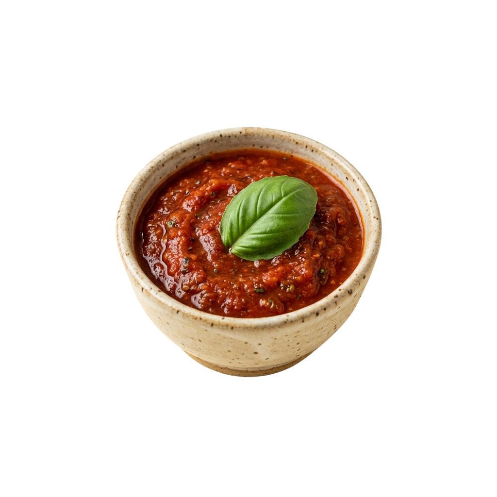 A ceramic bowl filled with tomato basil sauce garnished with a fresh basil leaf
