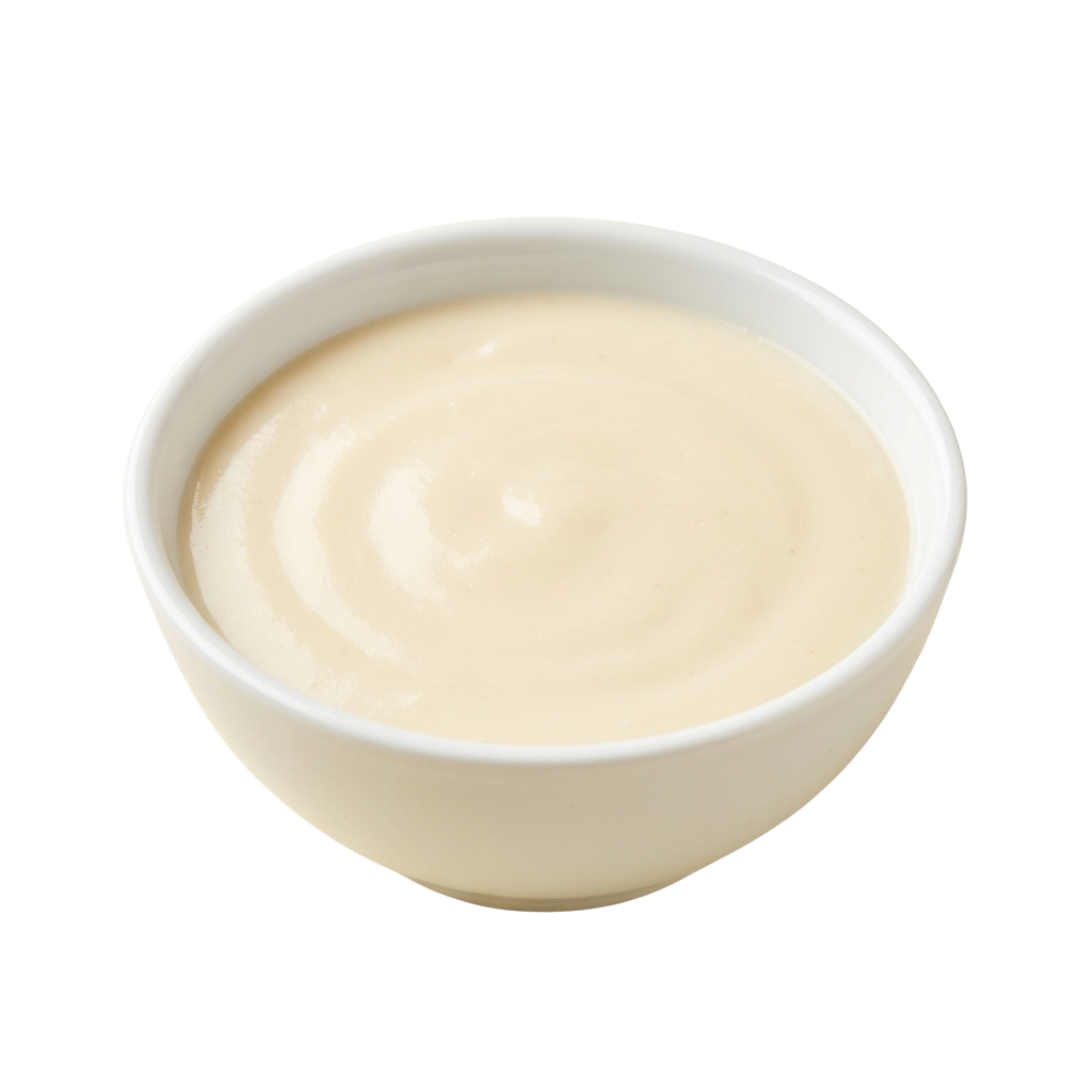 A white ceramic bowl filled with a smooth, pale yellow dessert.