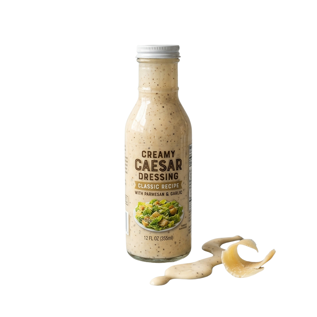 Bottle of creamy Caesar dressing with parmesan and garlic next to a piece of parmesan cheese on a black background