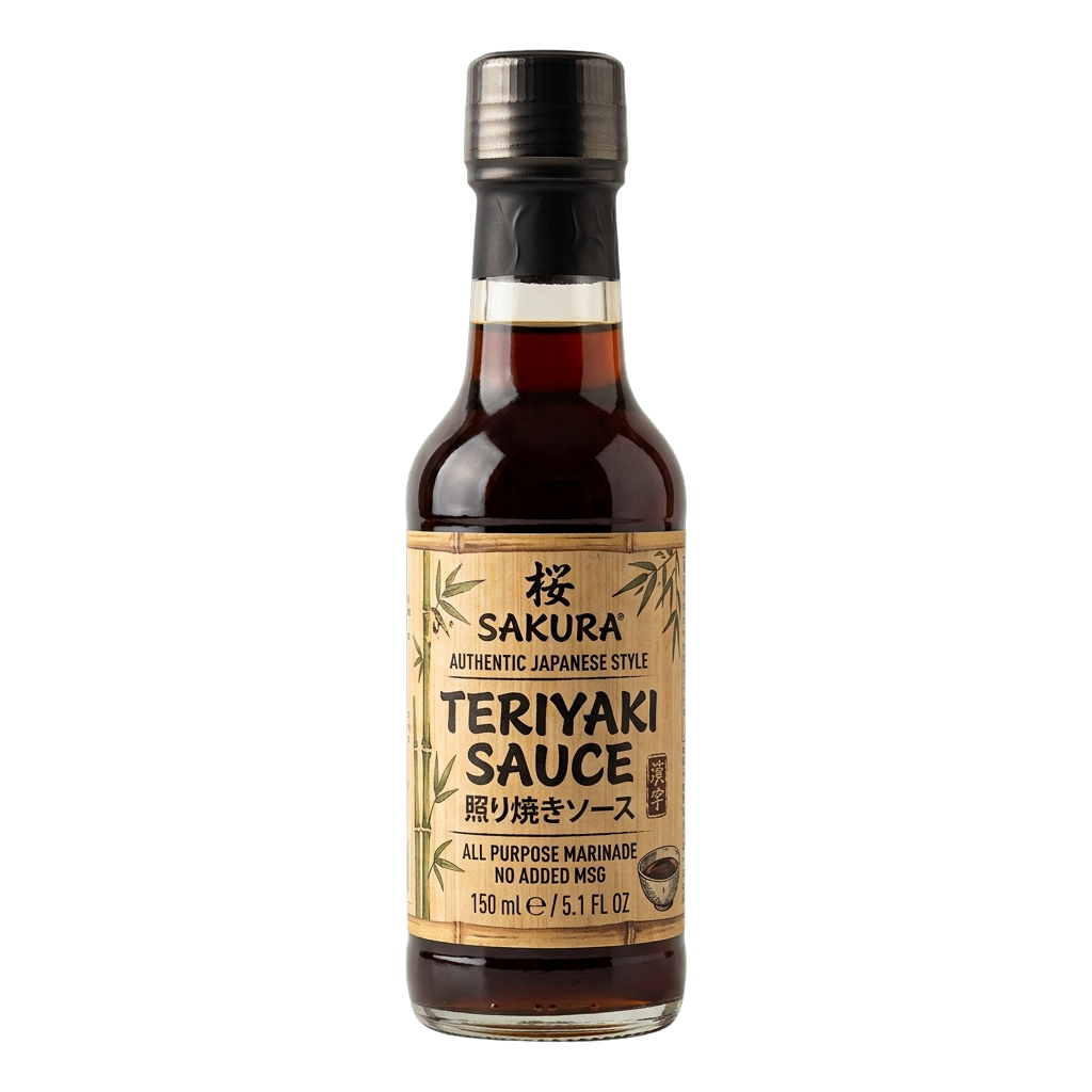 Bottle of Japanese-style teriyaki sauce with bamboo design label, 150 ml volume.