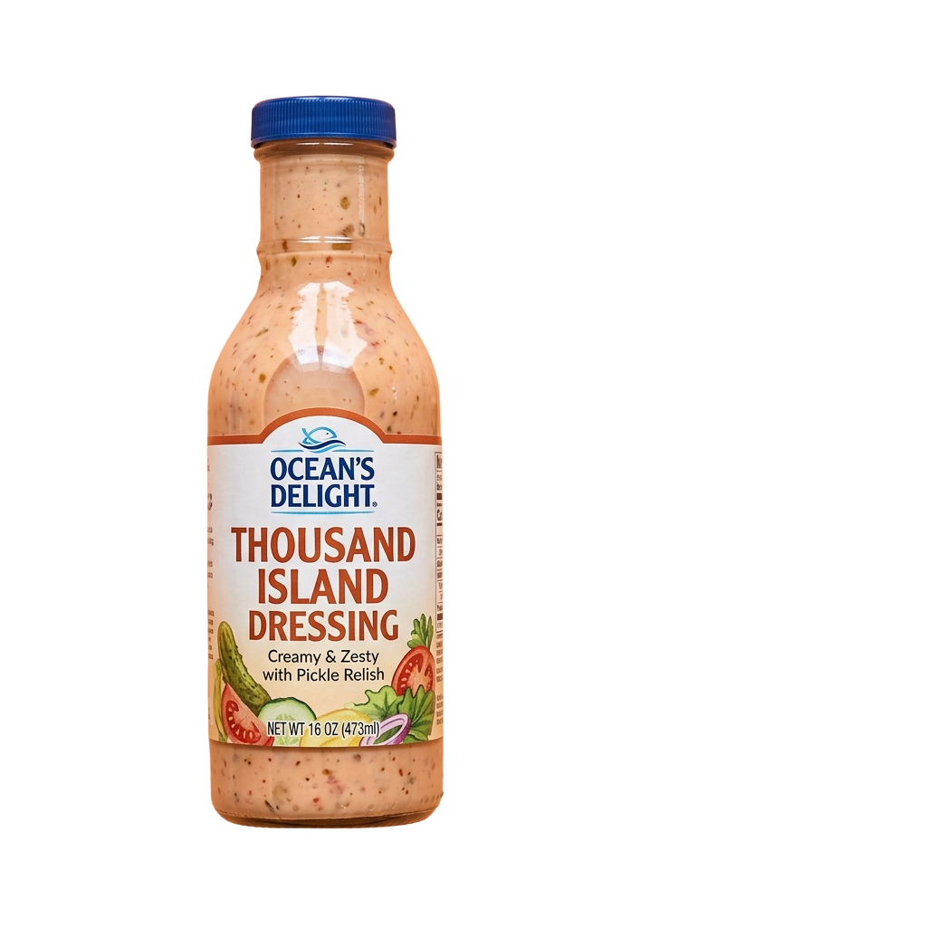 A bottle of Thousand Island dressing with a blue cap and label showing creamy texture and pickle relish.