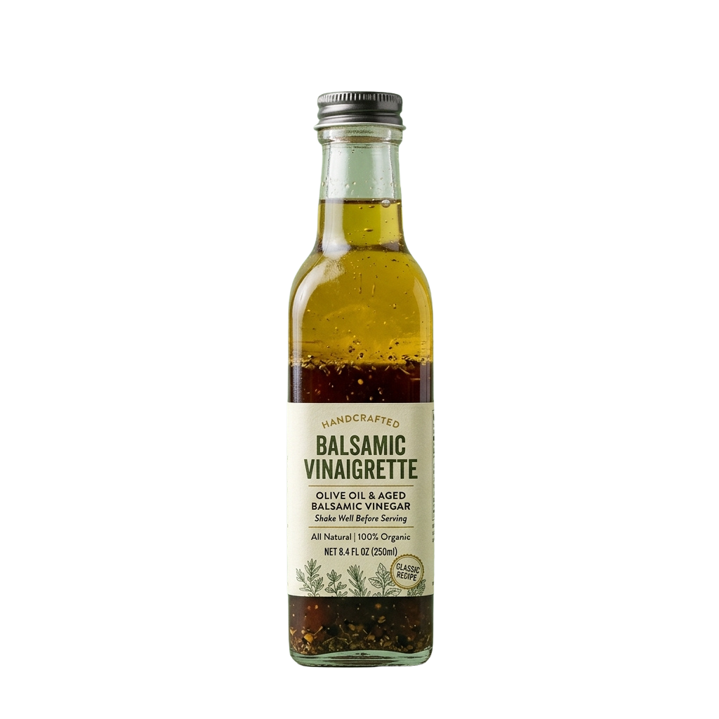 Glass bottle of balsamic vinaigrette with olive oil and aged balsamic vinegar, labeled handcrafted and organic.